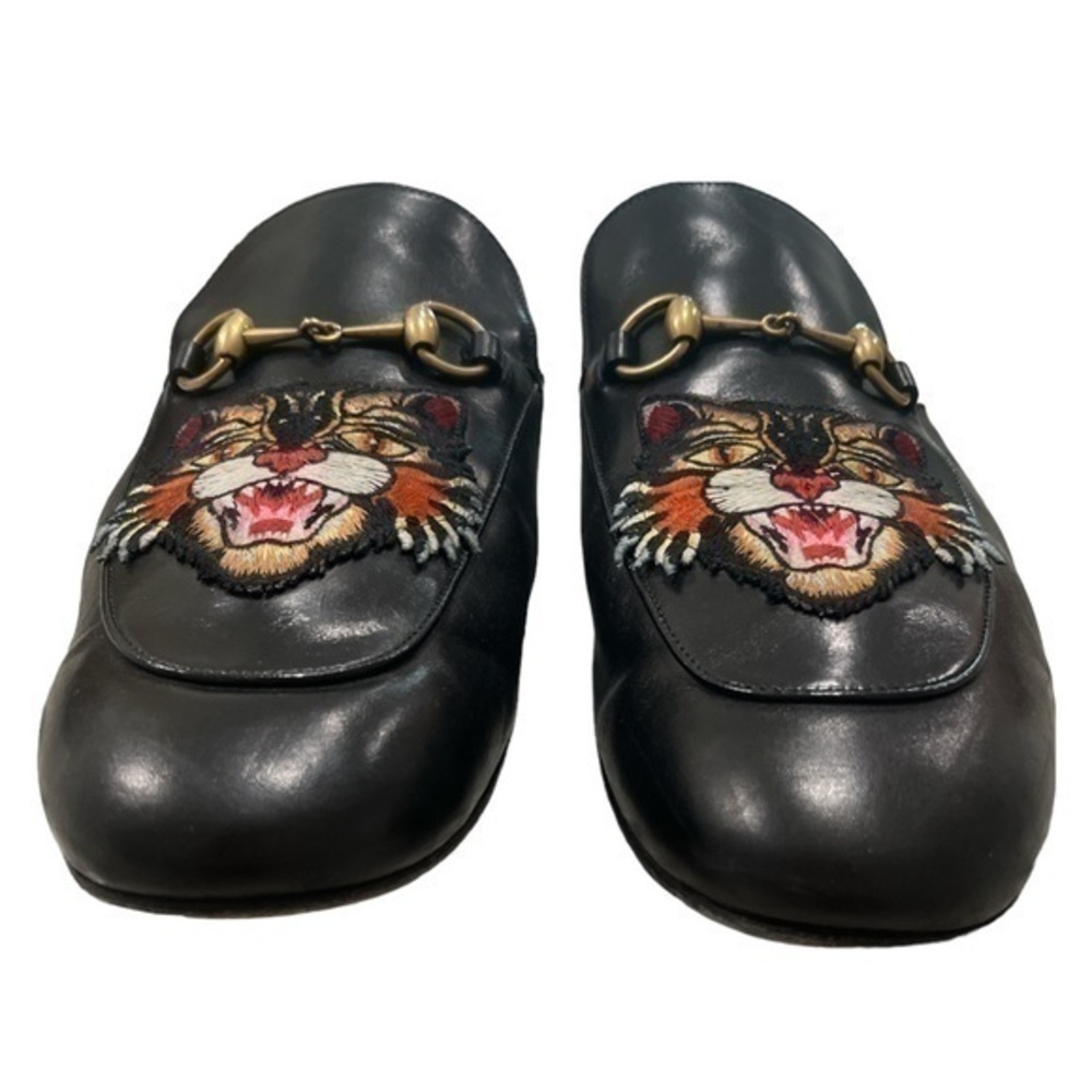 GUCCI Princetown Embroidered Tiger Patch Black Leather Horsebit Loafer Mules 13 - Picture 2 of 9